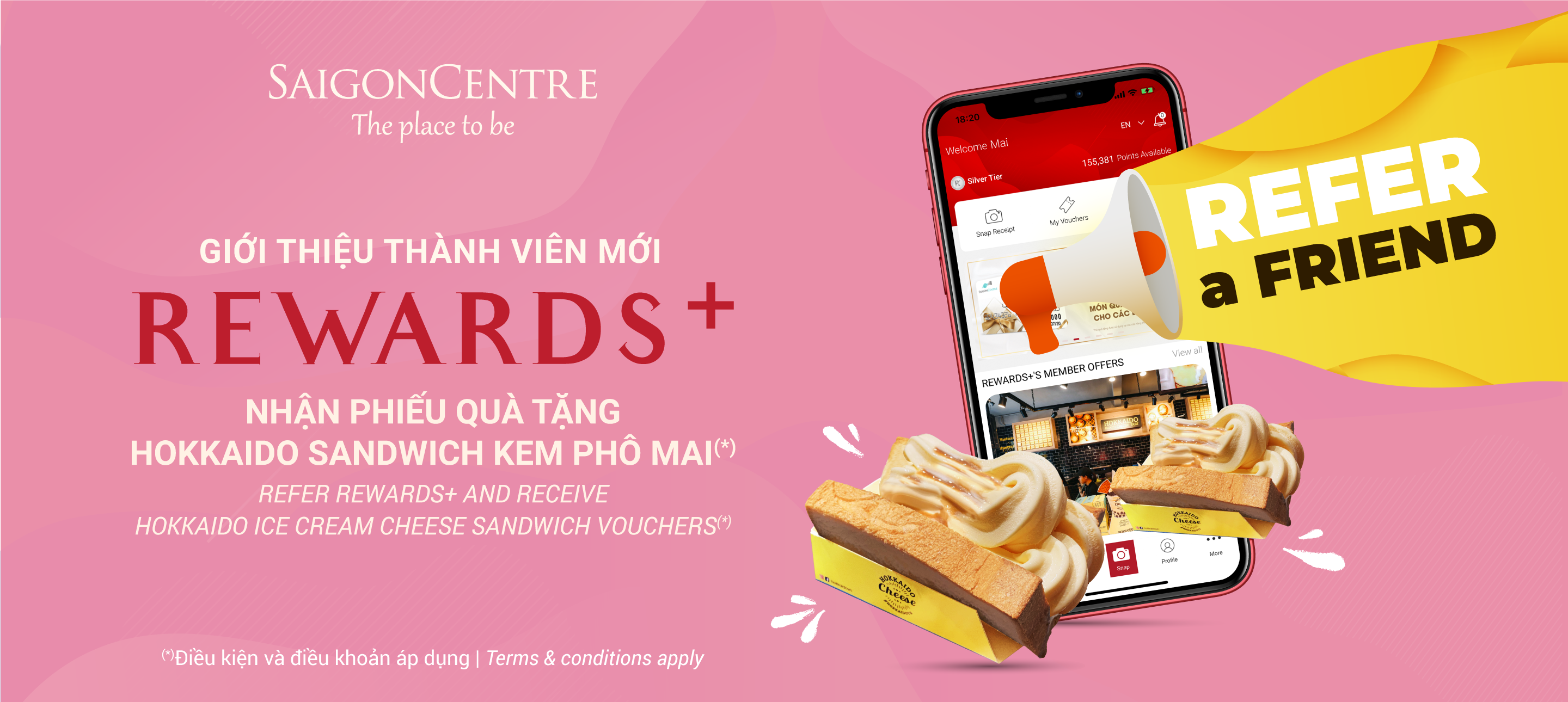 Giới thiệu thành viên mới Rewards+, nhận phiếu quà tặng Hokkaido Sandwich Kem Phô Mai (*)